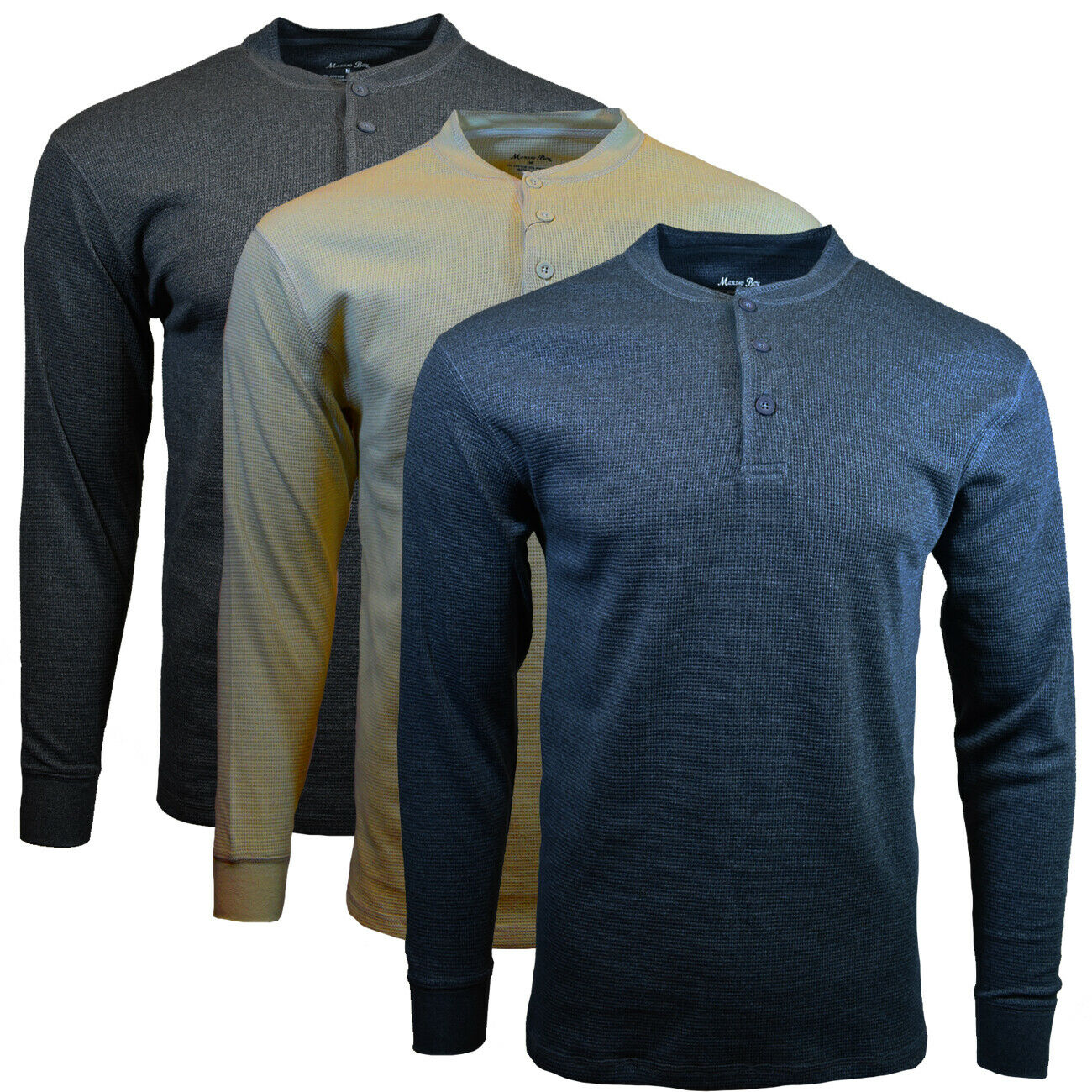 Men's Henley Thermal Tee Long Sleeve 3 Button - Bundle of 3 .Gray-Navy-beige