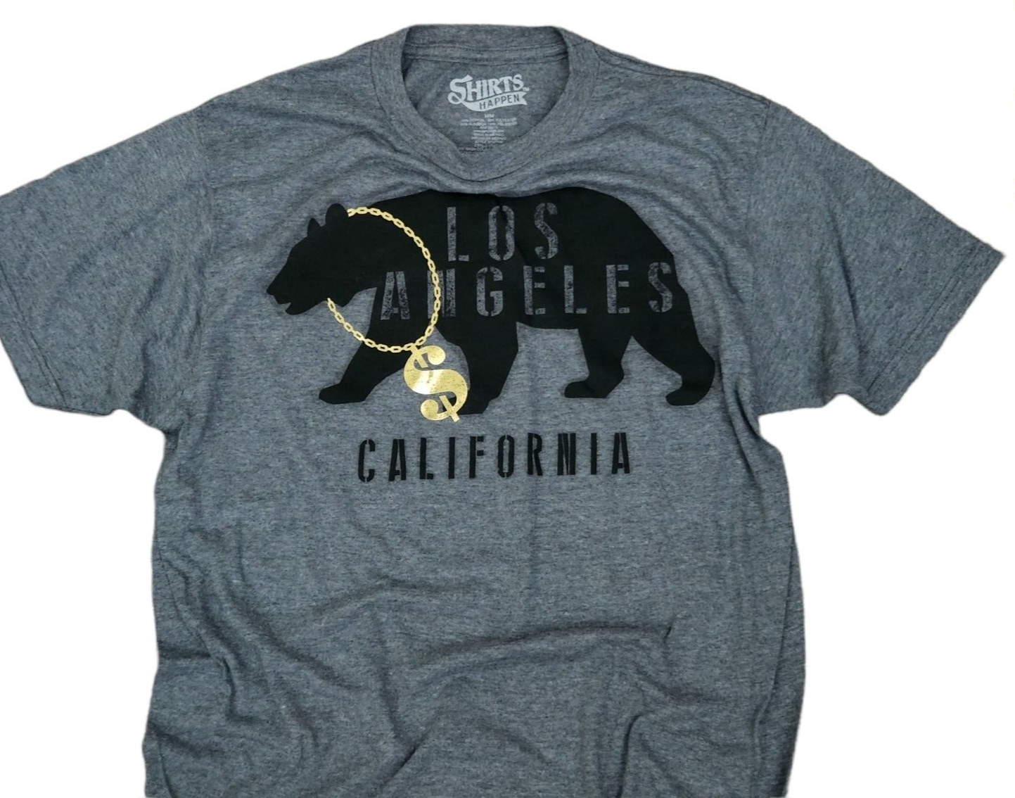 Los Angeles California Bear with Gold Money Chain T-Shirt - Grey with Black and Gold Foil Print