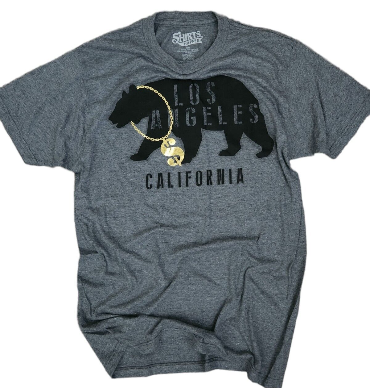 Los Angeles California Bear with Gold Money Chain T-Shirt - Grey with Black and Gold Foil Print