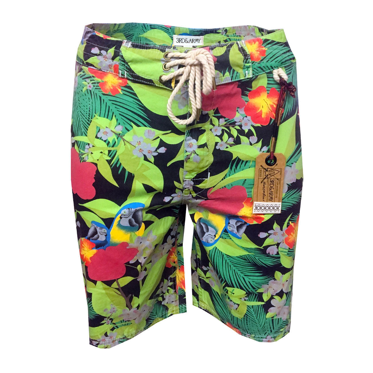Men's Shorts Hawaiian Green by 3rd & Army 100% Cotton Tie Waist Sizes 32 34 36 38