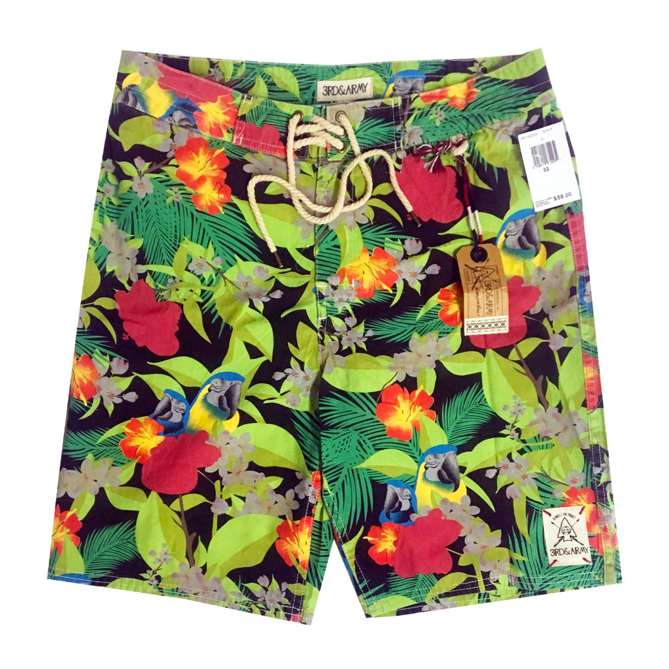 Men's Shorts Hawaiian Green by 3rd & Army 100% Cotton Tie Waist Sizes 32 34 36 38