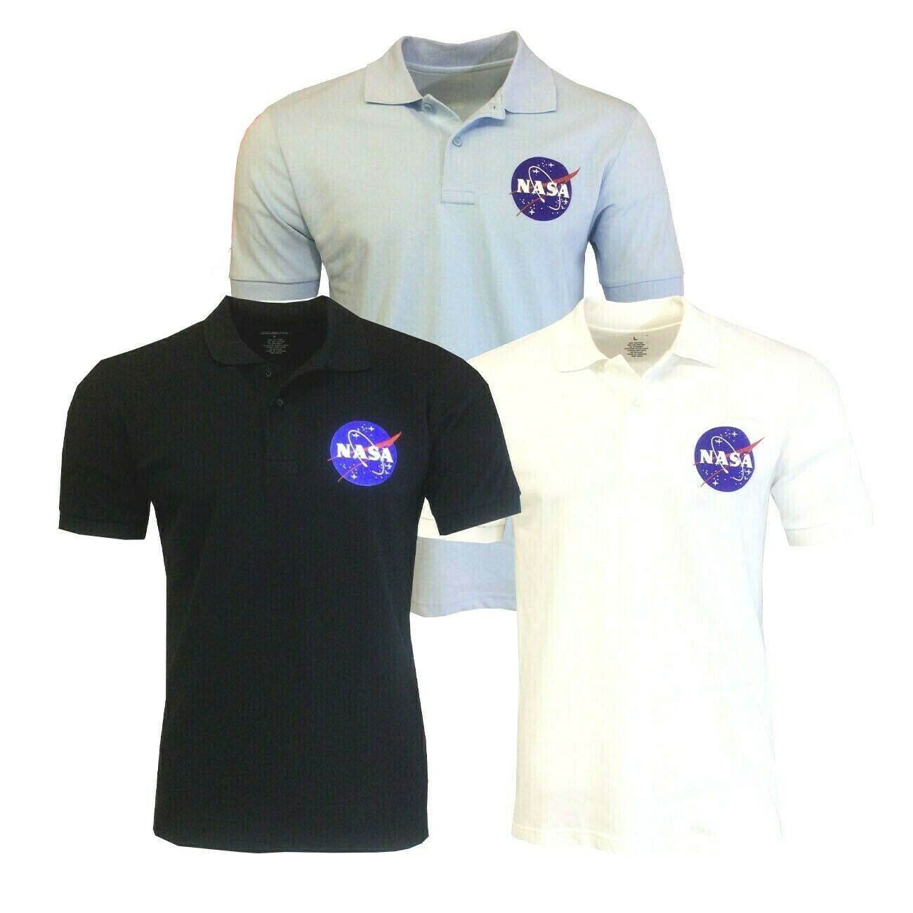 Men's Polo Shirt NASA 5% Spandex-All American Work Wear -Button Polo-Relaxed Fit SKY BLUE / WHITE / BLACK