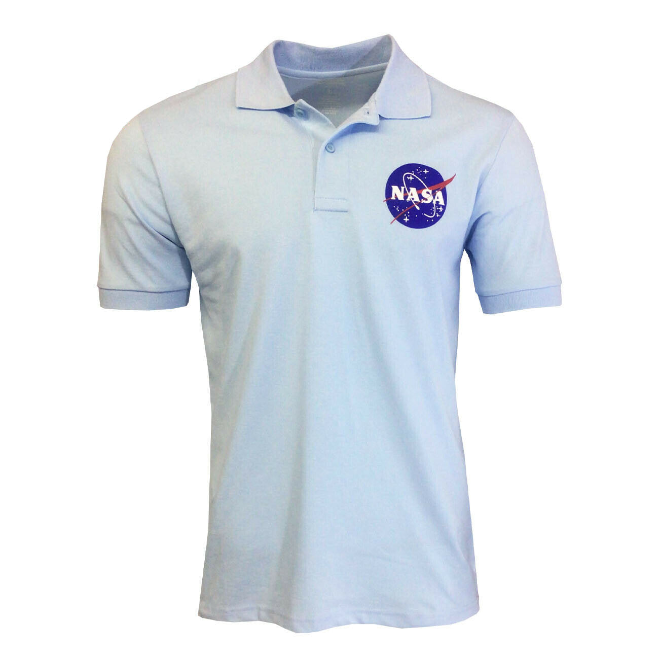 Men's Polo Shirt NASA 5% Spandex-All American Work Wear -Button Polo-Relaxed Fit SKY BLUE / WHITE / BLACK