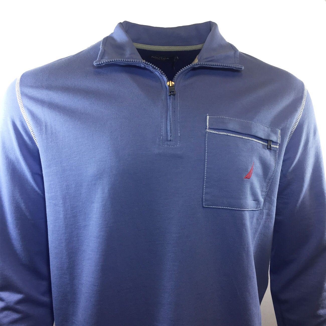 Nautica Men's Polo-L/S 1/2 Zipper-Classic-Original-100% Cotton Lightweight BLUE