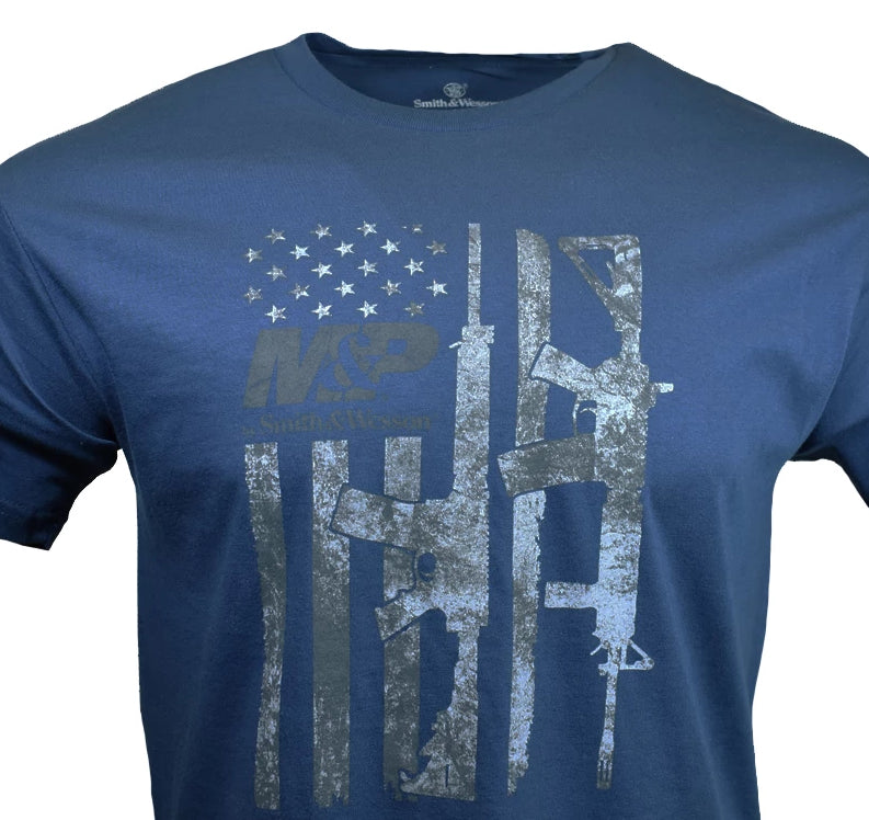 Smith & Wesson M&P Men's T-shirt Firearms Pistol Authentic Logo gun semi, BLUE