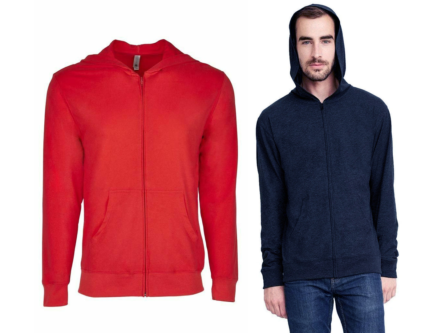 Men's Sweatshirt Hoodie Lightweight Full Zip Hooded Jacket - Navy Blue & Red NEW