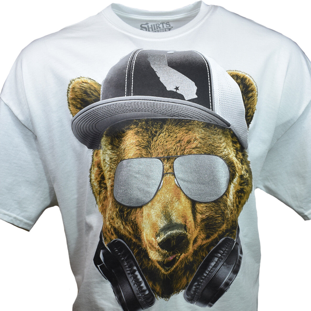 Los Angeles California Bear T-Shirt - Grizzly Bear with Hat Sunglasses and Headphones Print on White Shirt