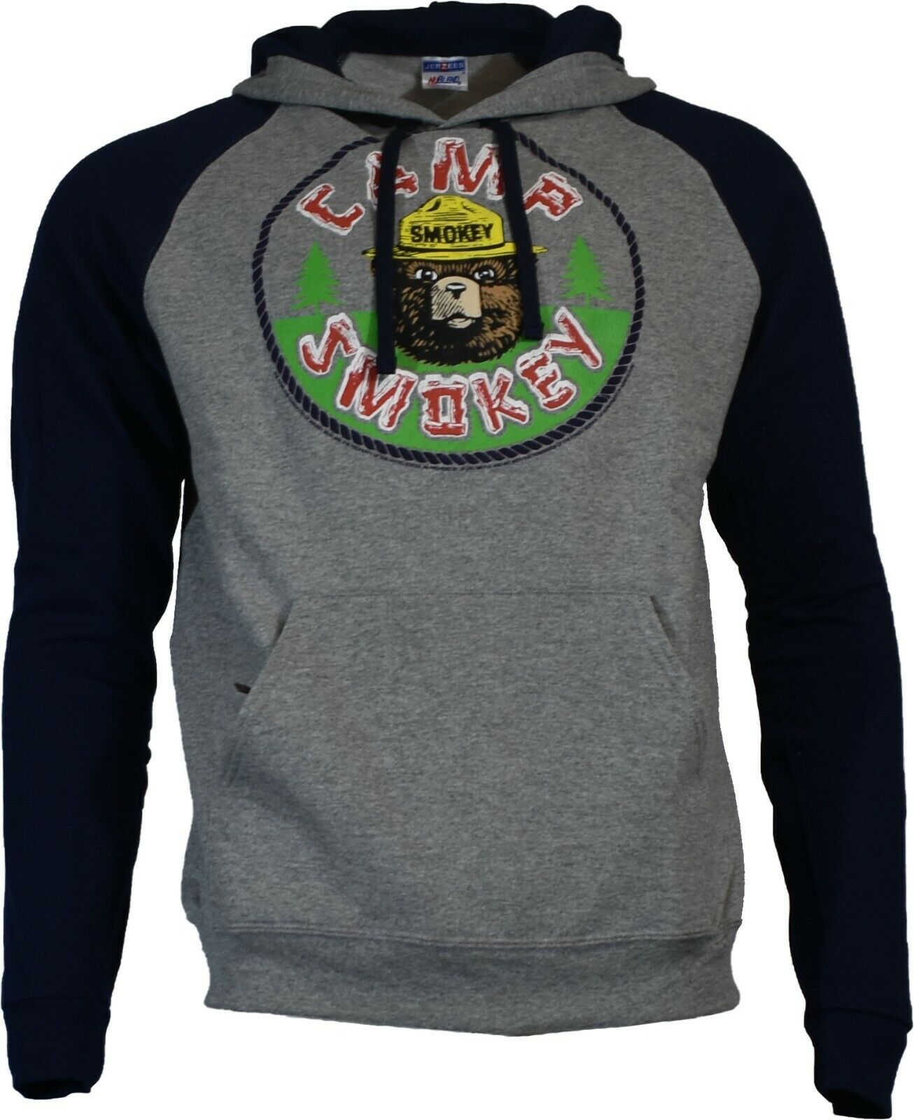 Smokey the Bear Pullover Hoodie - Unisex Sweatshirt - Camp Smokey Print - Grey with Blue Sleeves