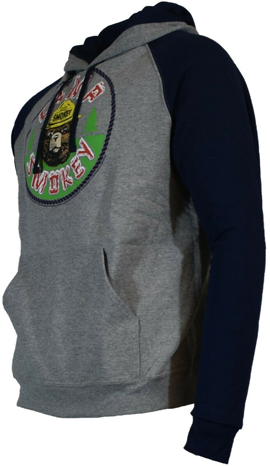 Smokey the Bear Pullover Hoodie - Unisex Sweatshirt - Camp Smokey Print - Grey with Blue Sleeves