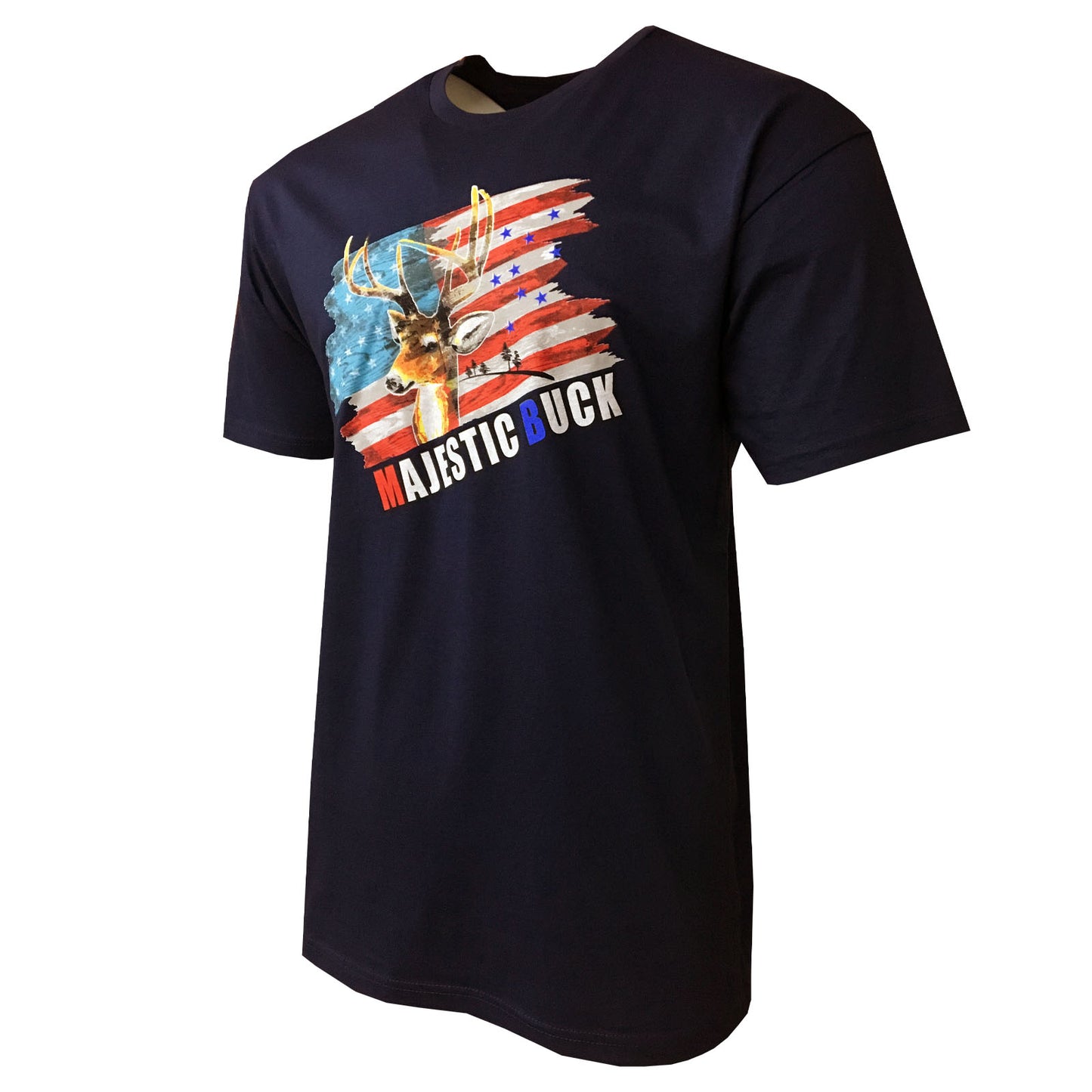 Men's T-Shirts -U S FLAG -HUNTING MAJESTIC BUCK - 100% Cotton SOFT FABRIC- Black & Navy