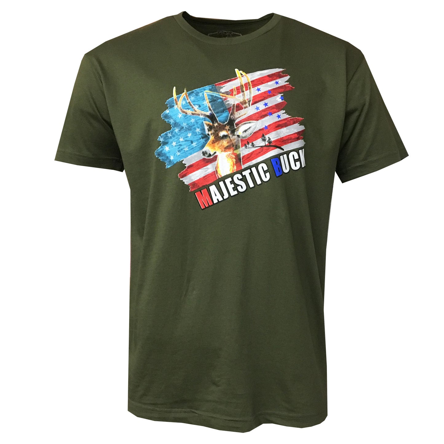 Men's T-Shirts -U S FLAG -HUNTING MAJESTIC BUCK - 100% Cotton SOFT FABRIC- Green & Red