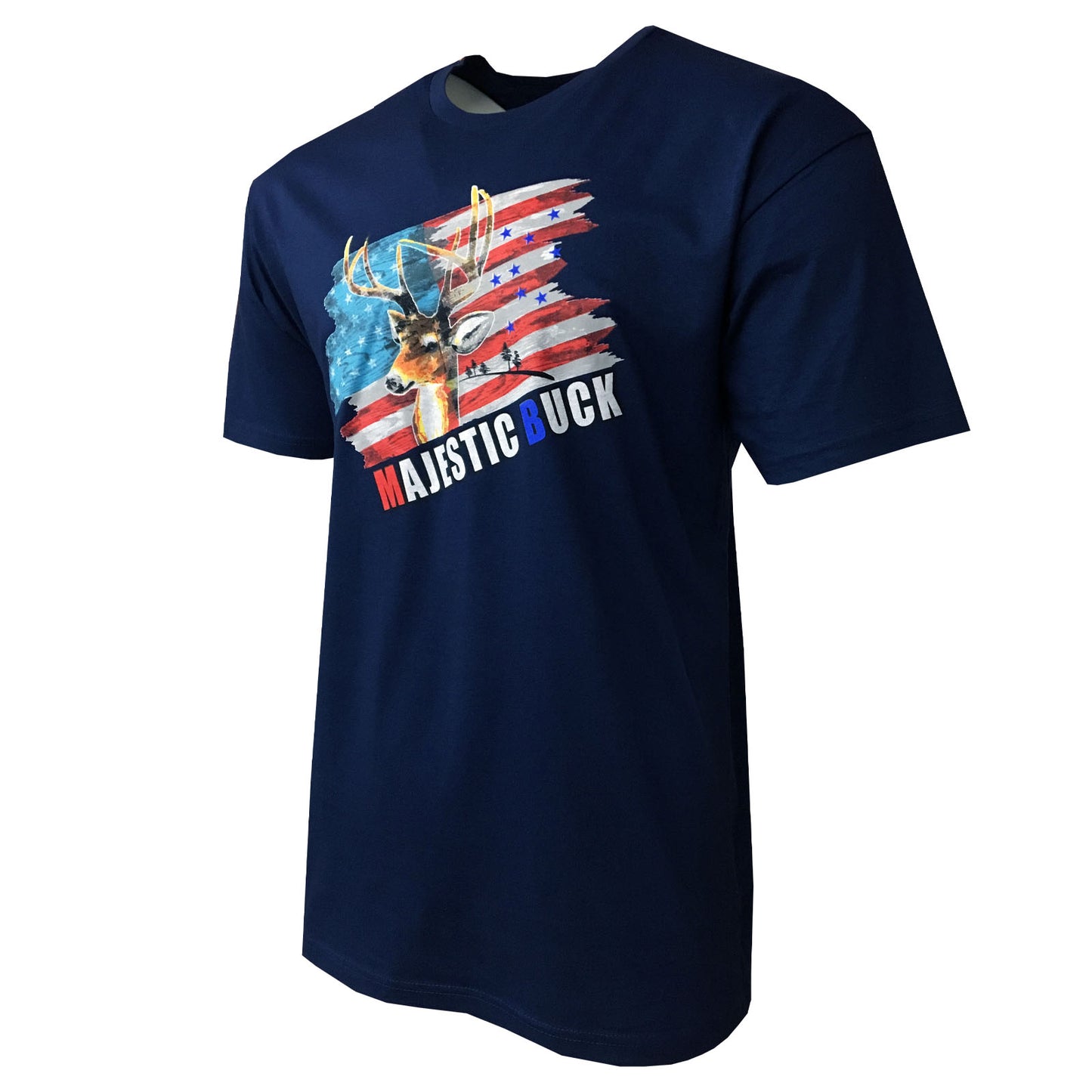 Men's T-Shirts -U S FLAG -HUNTING MAJESTIC BUCK - 100% Cotton SOFT FABRIC- Black & Navy