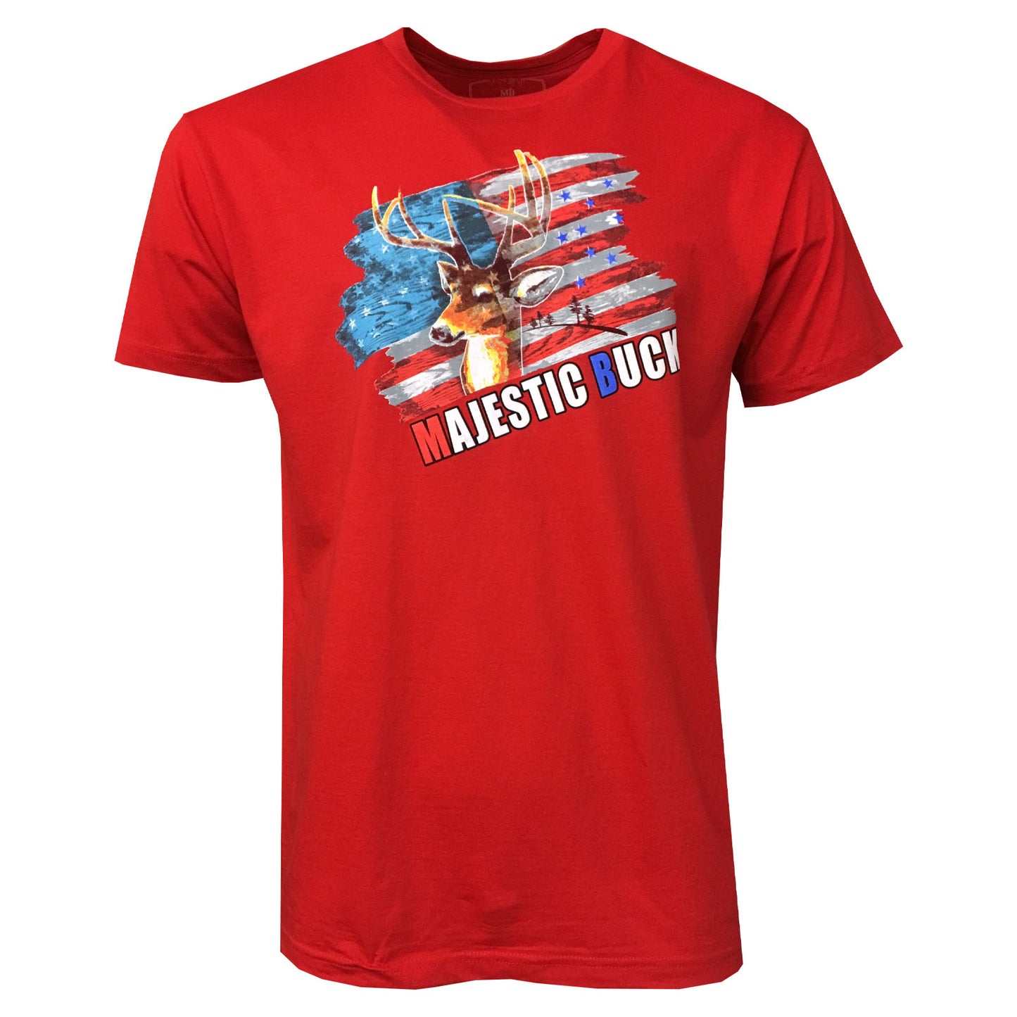 Men's T-Shirts -U S FLAG -HUNTING MAJESTIC BUCK - 100% Cotton SOFT FABRIC- Green & Red