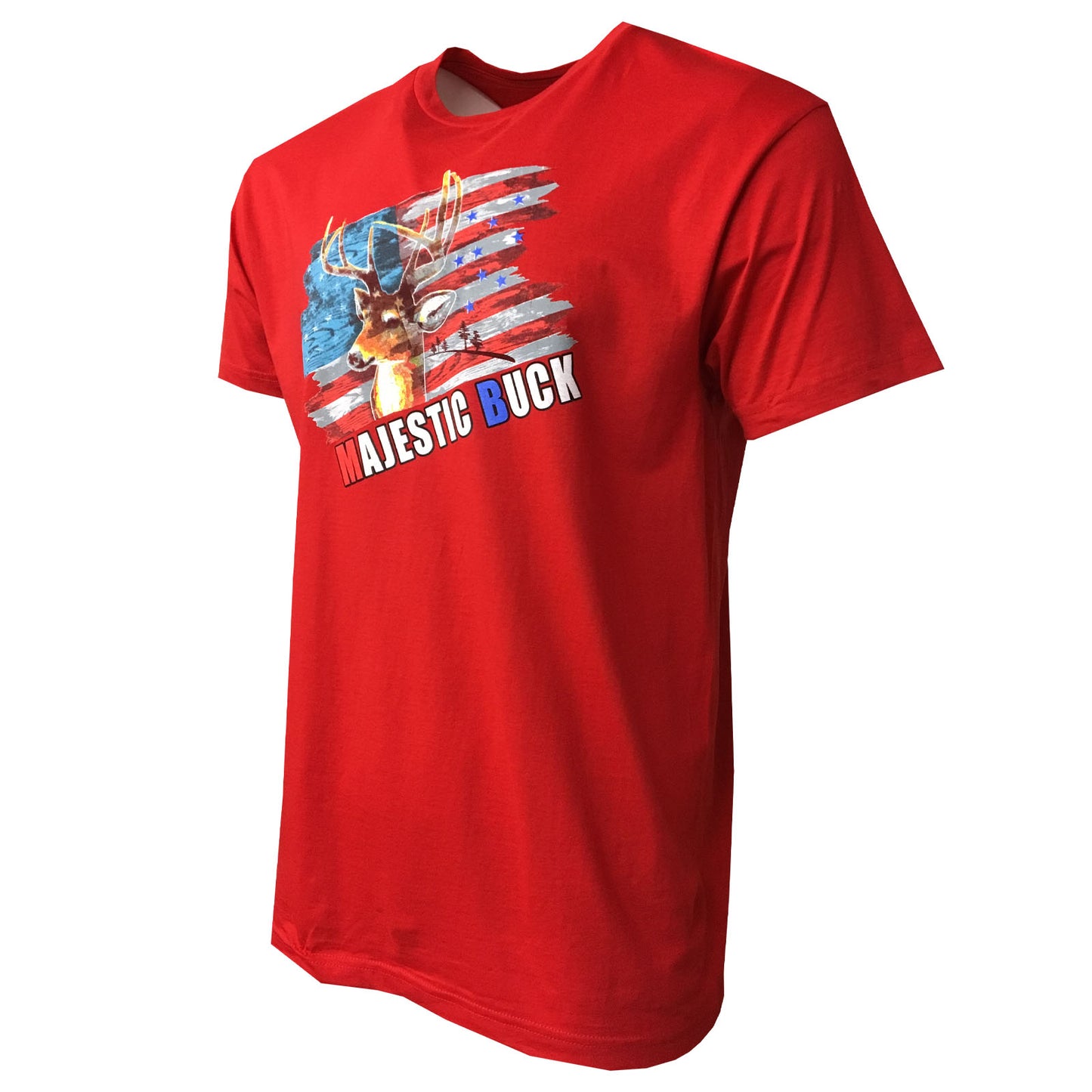 Men's T-Shirts -U S FLAG -HUNTING MAJESTIC BUCK - 100% Cotton SOFT FABRIC- Green & Red