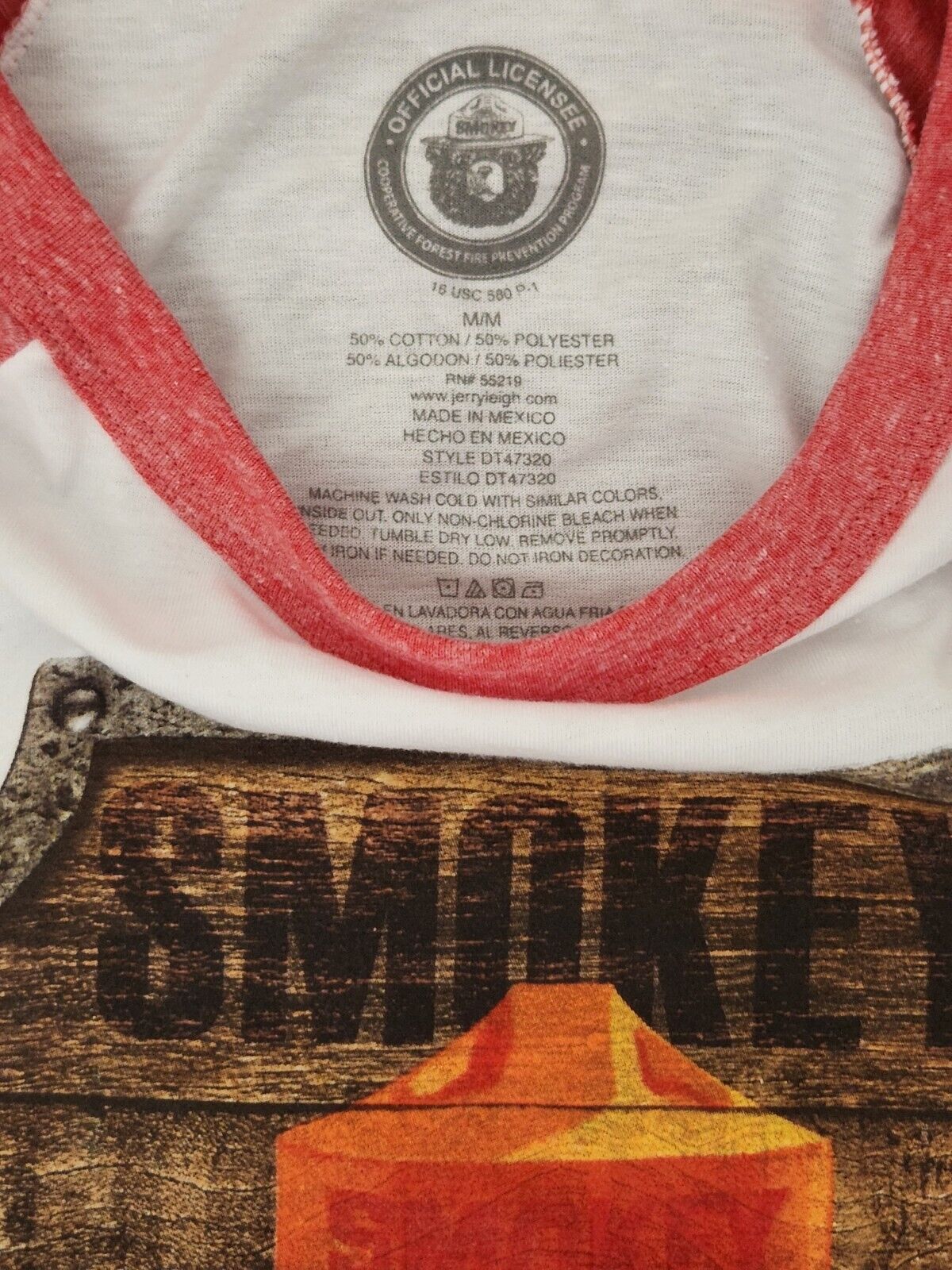 Smokey the Bear Baseball Style T-Shirt - White with Red Sleeves - Fire Danger Very High Today Print