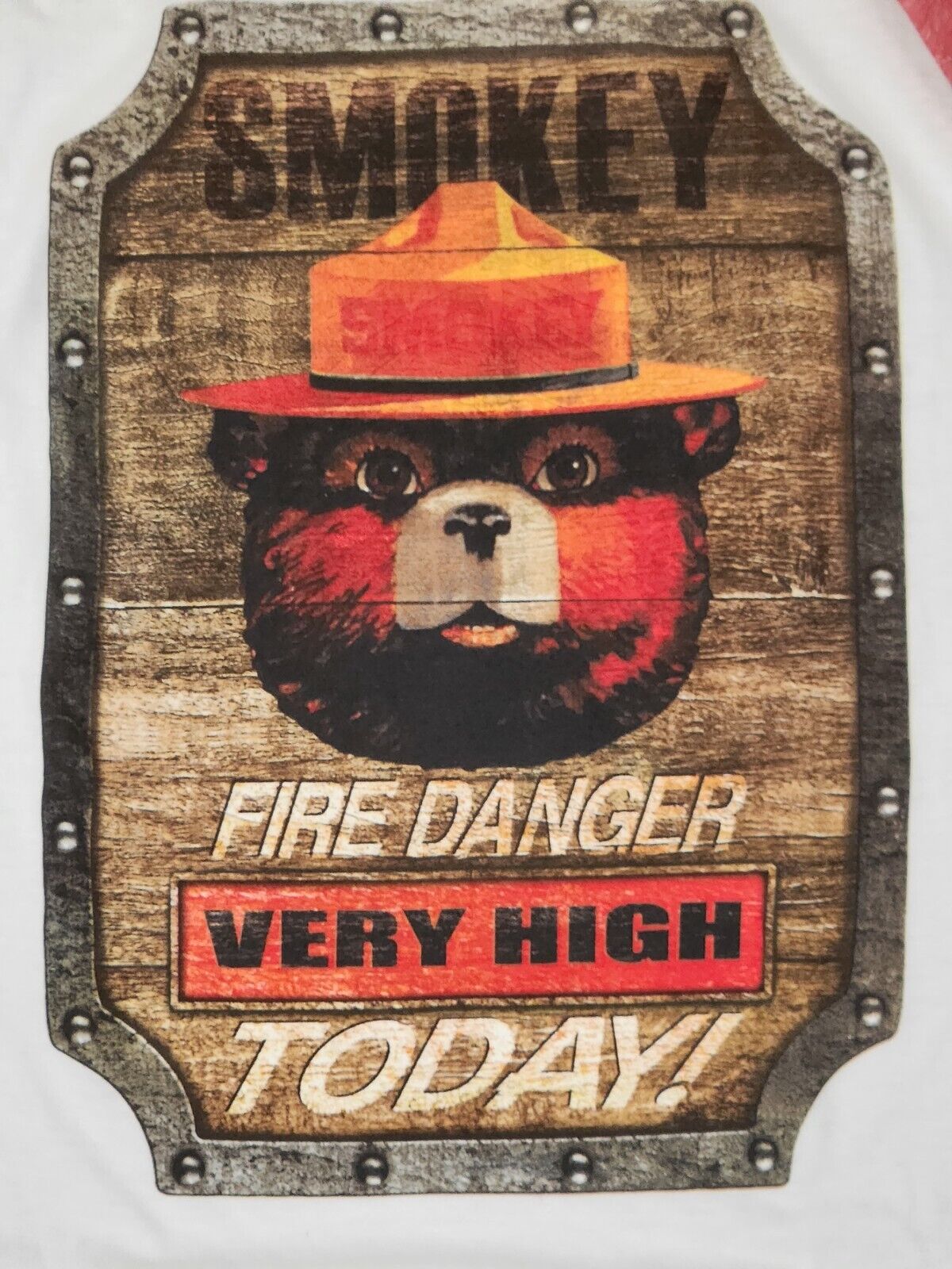 Smokey the Bear Baseball Style T-Shirt - White with Red Sleeves - Fire Danger Very High Today Print
