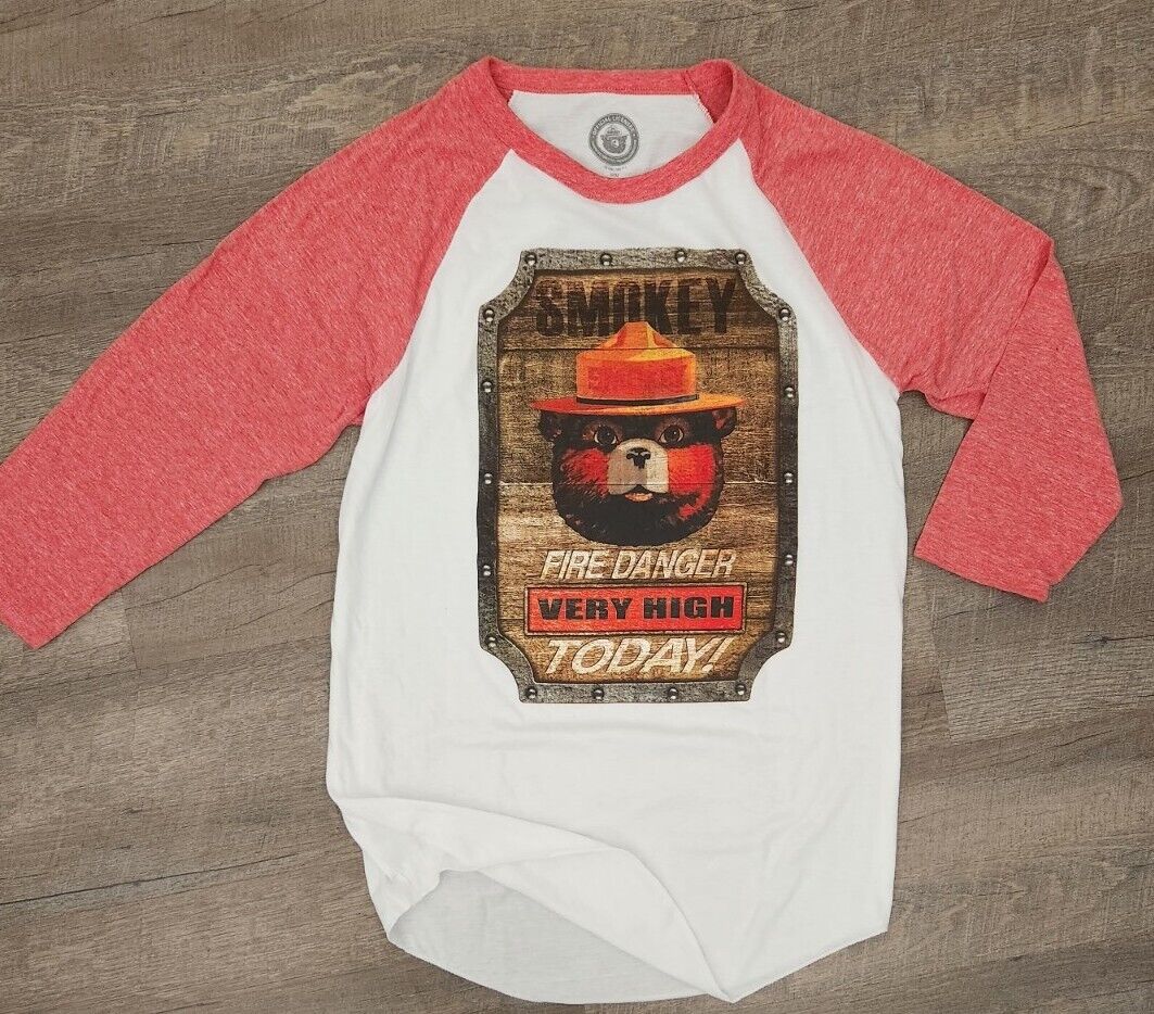 Smokey the Bear Baseball Style T-Shirt - White with Red Sleeves - Fire Danger Very High Today Print