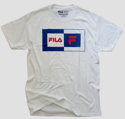 FILA Men's Stacked Logo T-shirt, White with Red and Blue