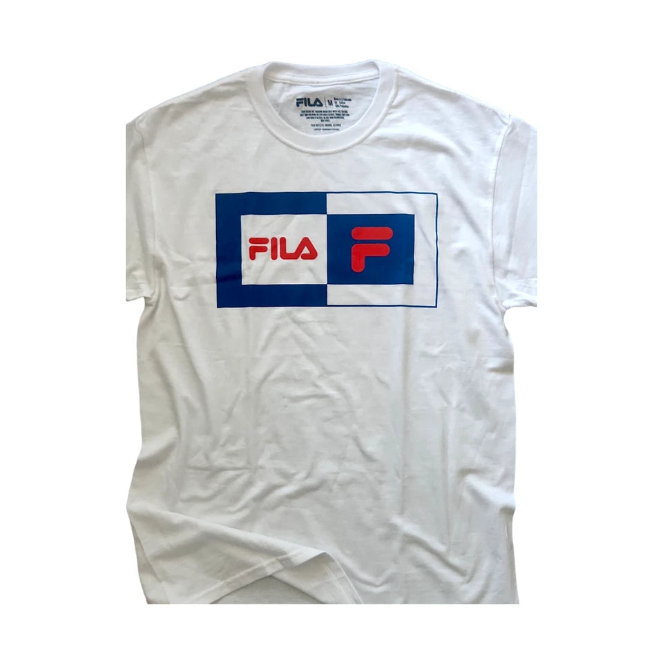 FILA Men's Stacked Logo T-shirt, White with Red and Blue
