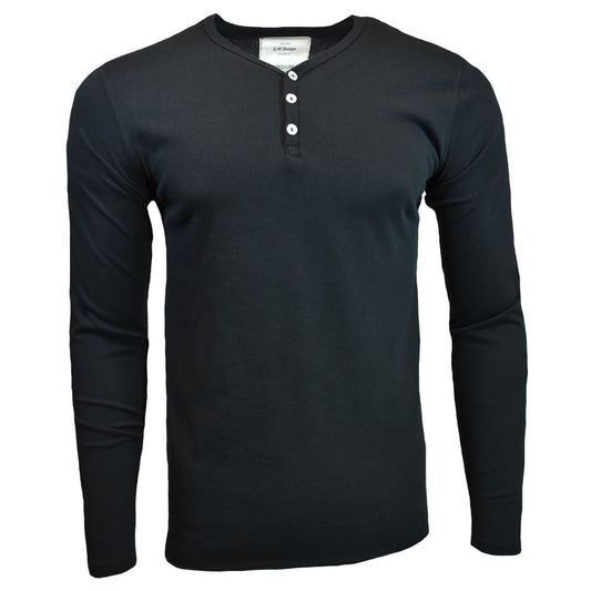 Henley Shirt Mens Long Sleeve Button Thermal Slim Fit Pullover BLACK NEW