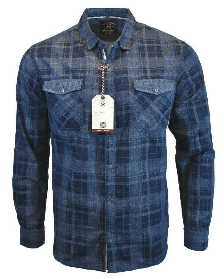 MB Men's Flannel / Plaid Long Sleeve Shirt, Blue