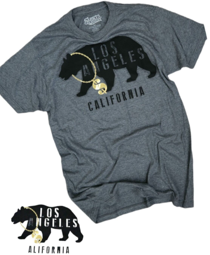 Los Angeles California Bear with Gold Money Chain T-Shirt - Grey with Black and Gold Foil Print