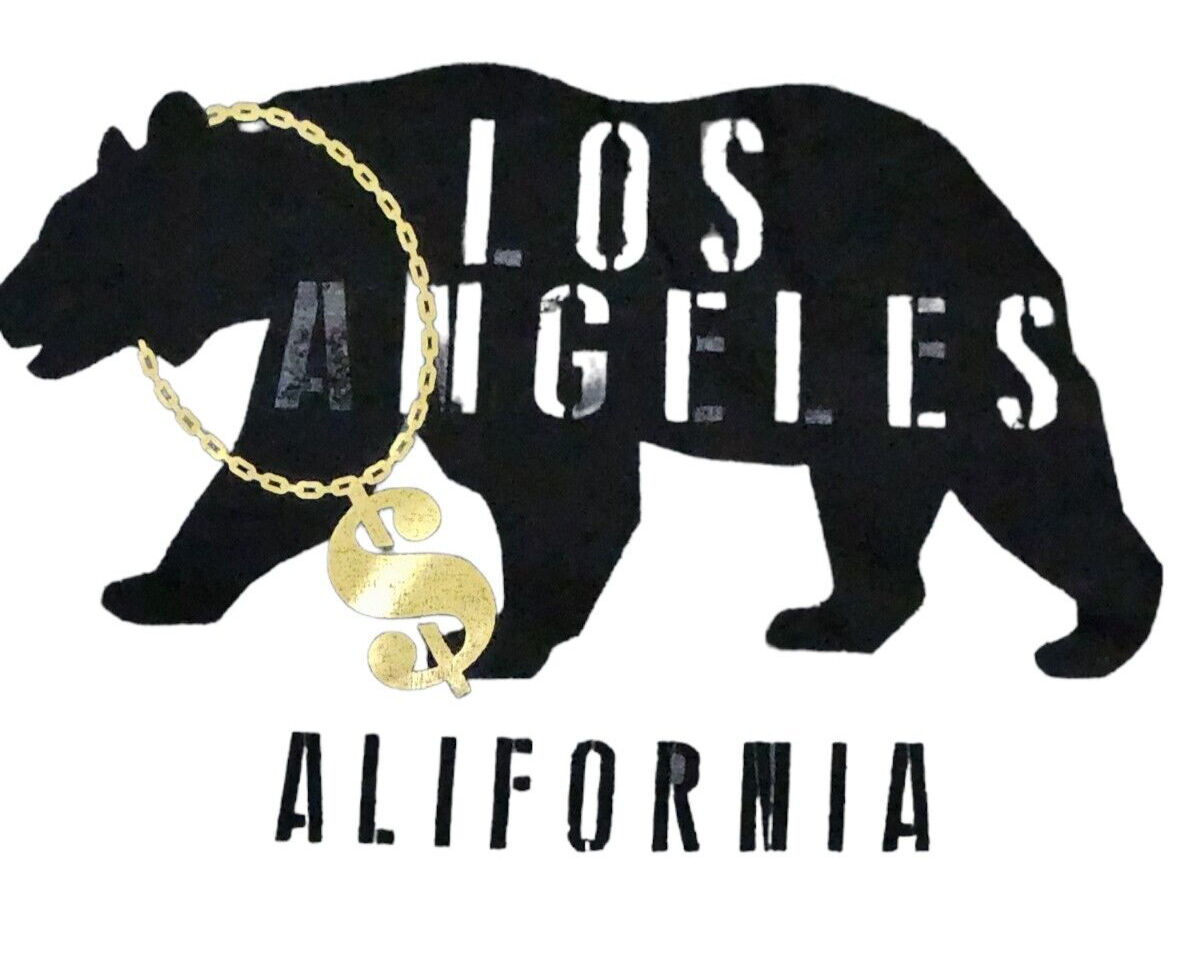 Los Angeles California Bear with Gold Money Chain T-Shirt - Grey with Black and Gold Foil Print