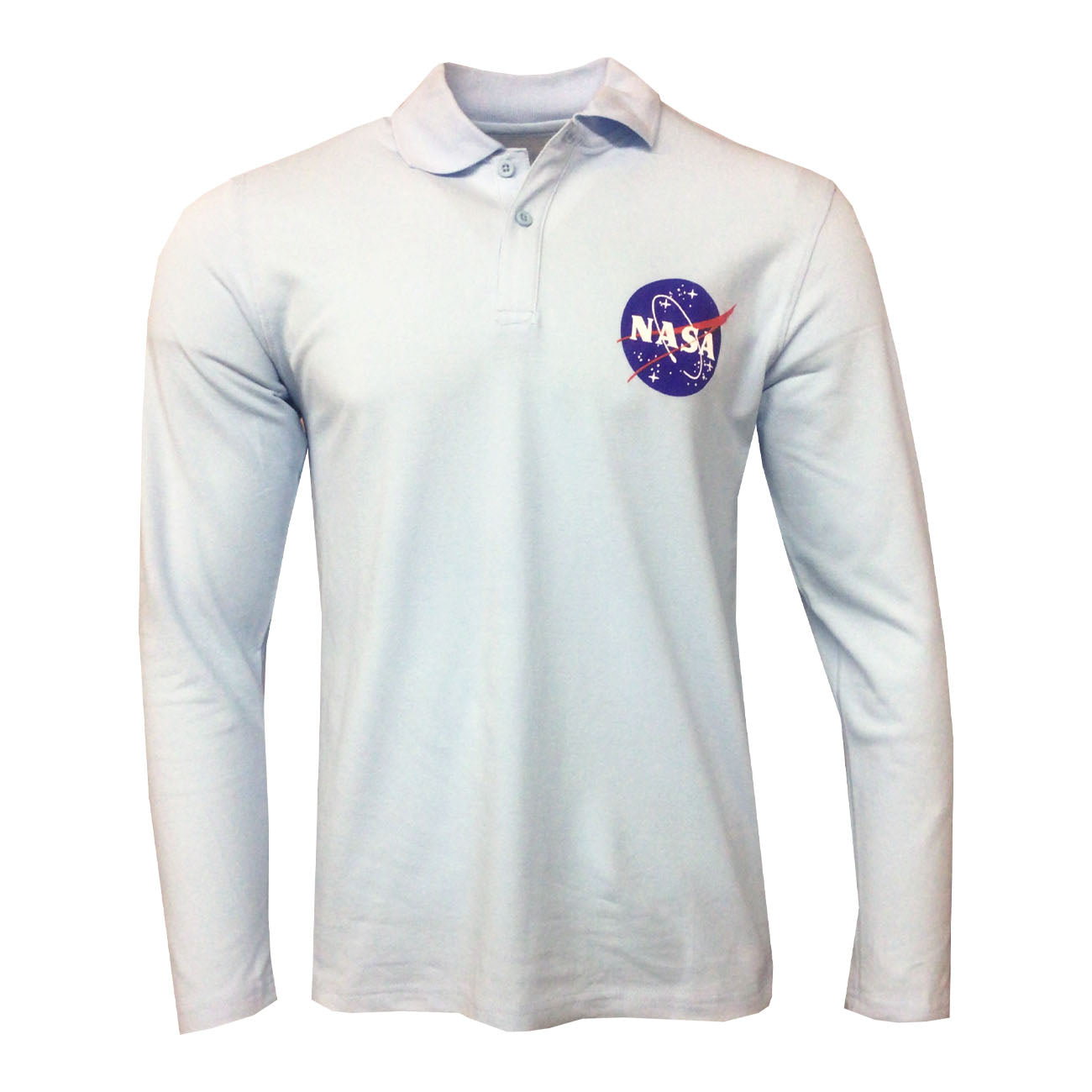 Men's Polo Shirt NASA 5% Spandex-All American Work Wear Lt Blue Long Sleeve MEDIUM