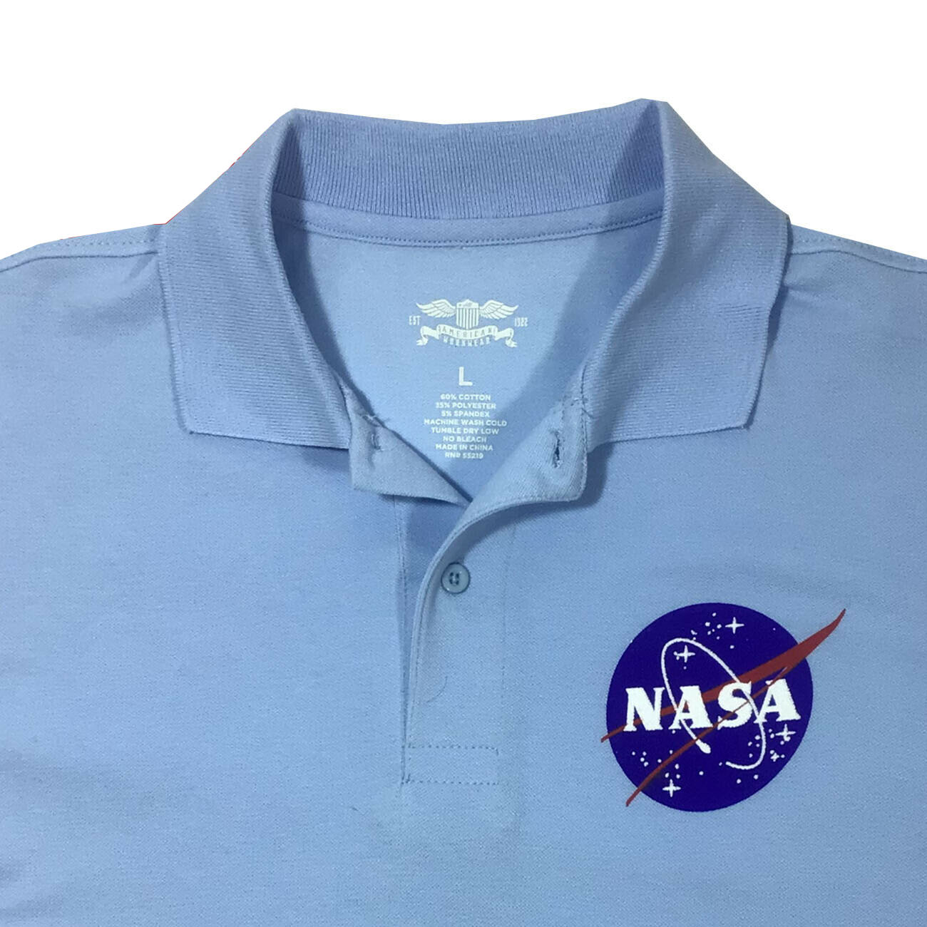 Men's Polo Shirt NASA 5% Spandex-All American Work Wear -Button Polo-Relaxed Fit SKY BLUE / WHITE / BLACK