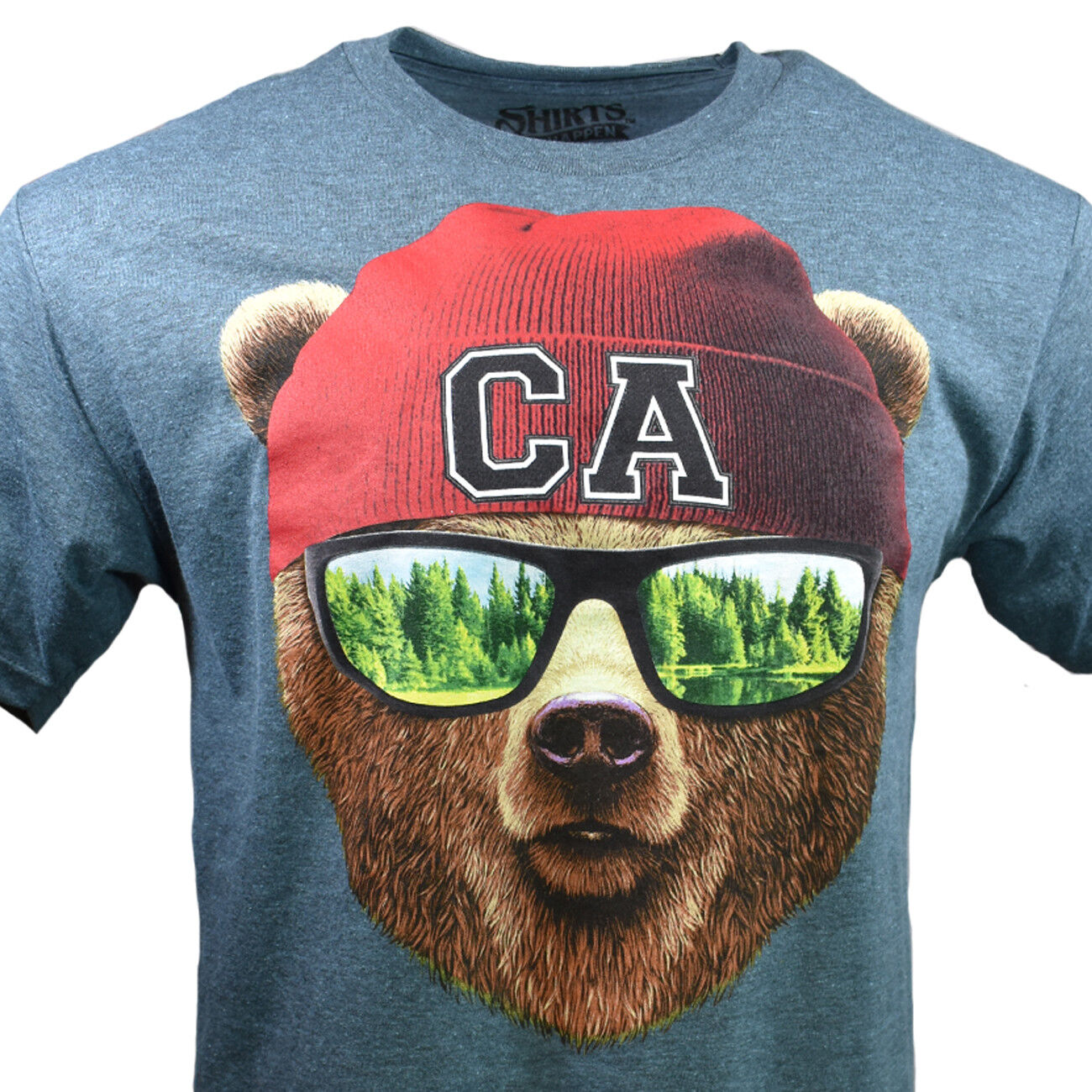 California Bear T-Shirt - CA Bear with Sunglasses and Beanie Graphic Print on Heather Slate Color
