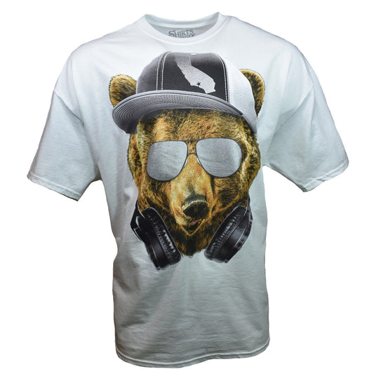 Los Angeles California Bear T-Shirt - Grizzly Bear with Hat Sunglasses and Headphones Print on White Shirt