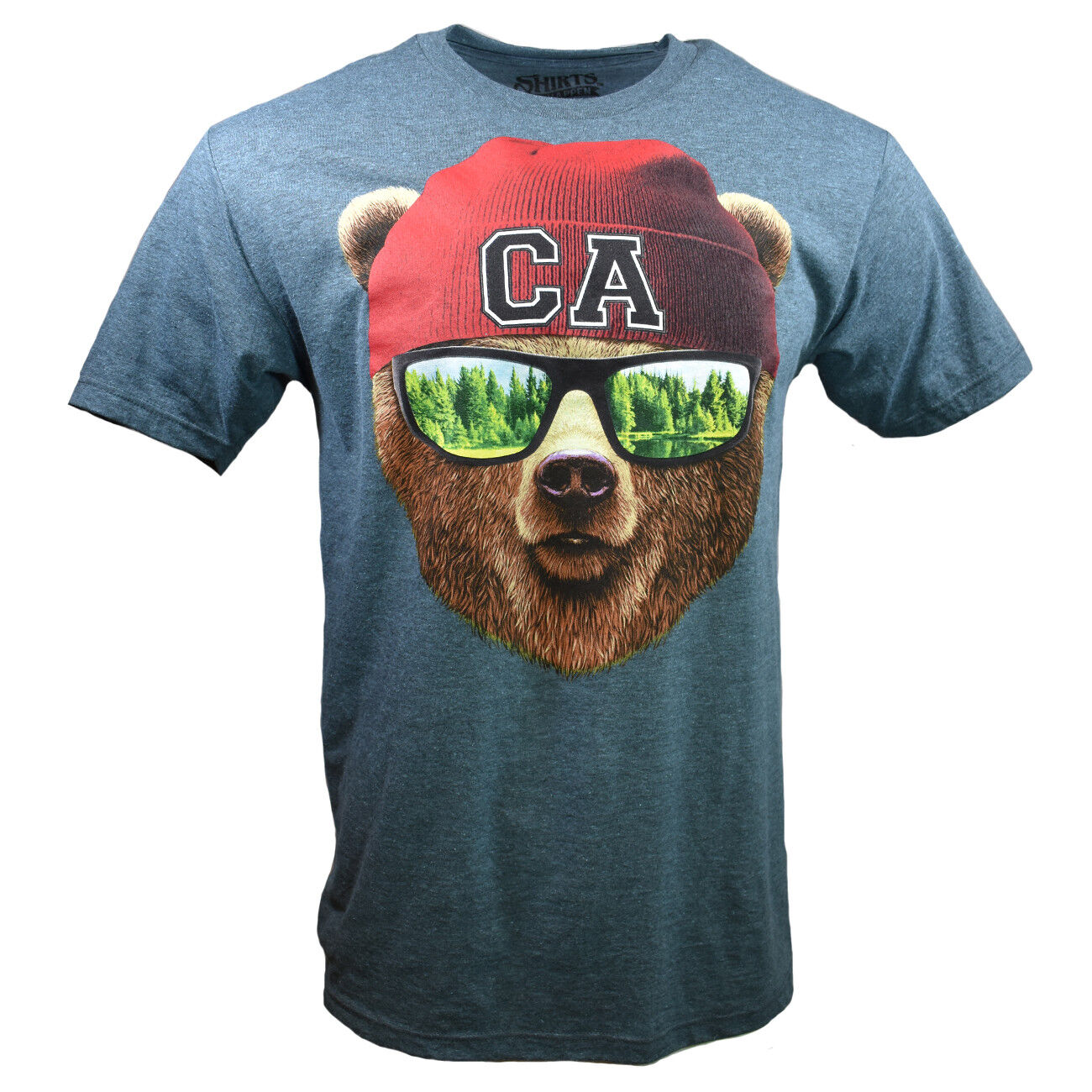California Bear T-Shirt - CA Bear with Sunglasses and Beanie Graphic Print on Heather Slate Color