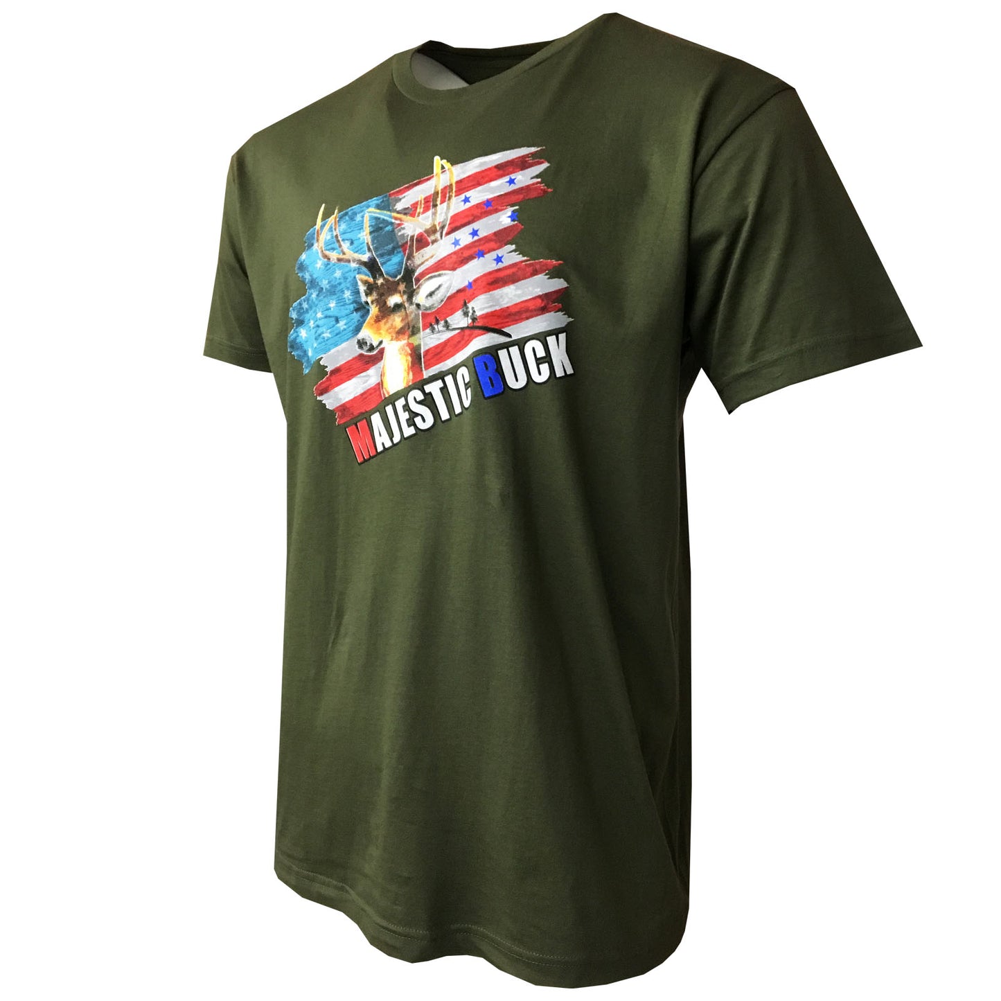 Men's T-Shirts -U S FLAG -HUNTING MAJESTIC BUCK - 100% Cotton SOFT FABRIC- Green & Red