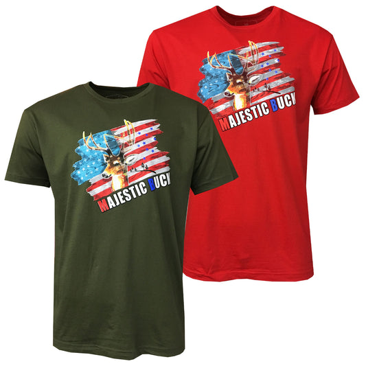 Men's T-Shirts -U S FLAG -HUNTING MAJESTIC BUCK - 100% Cotton SOFT FABRIC- Green & Red