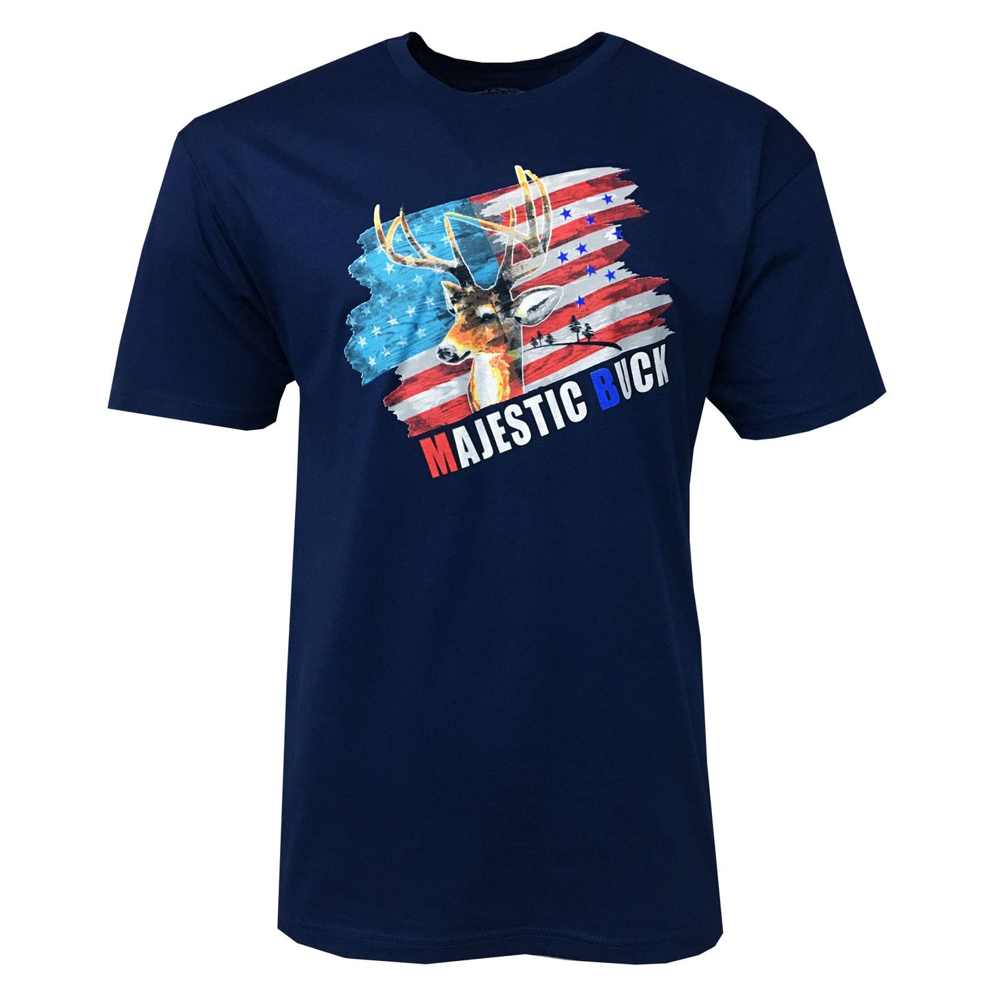 Men's T-Shirts -U S FLAG -HUNTING MAJESTIC BUCK - 100% Cotton SOFT FABRIC- Black & Navy
