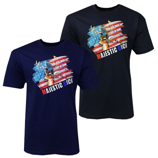 Men's T-Shirts -U S FLAG -HUNTING MAJESTIC BUCK - 100% Cotton SOFT FABRIC- Black & Navy