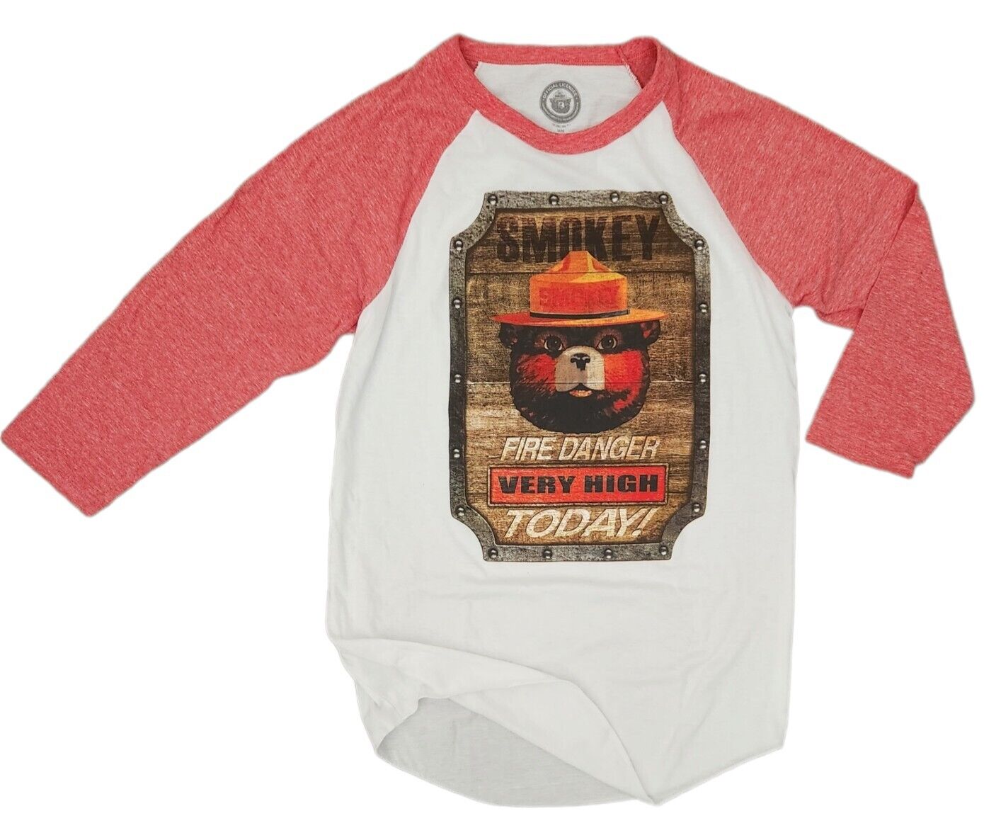 Smokey the Bear Baseball Style T-Shirt - White with Red Sleeves - Fire Danger Very High Today Print