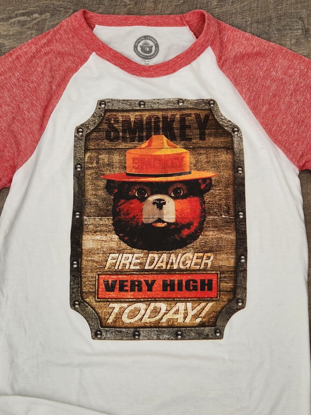 Smokey the Bear Baseball Style T-Shirt - White with Red Sleeves - Fire Danger Very High Today Print