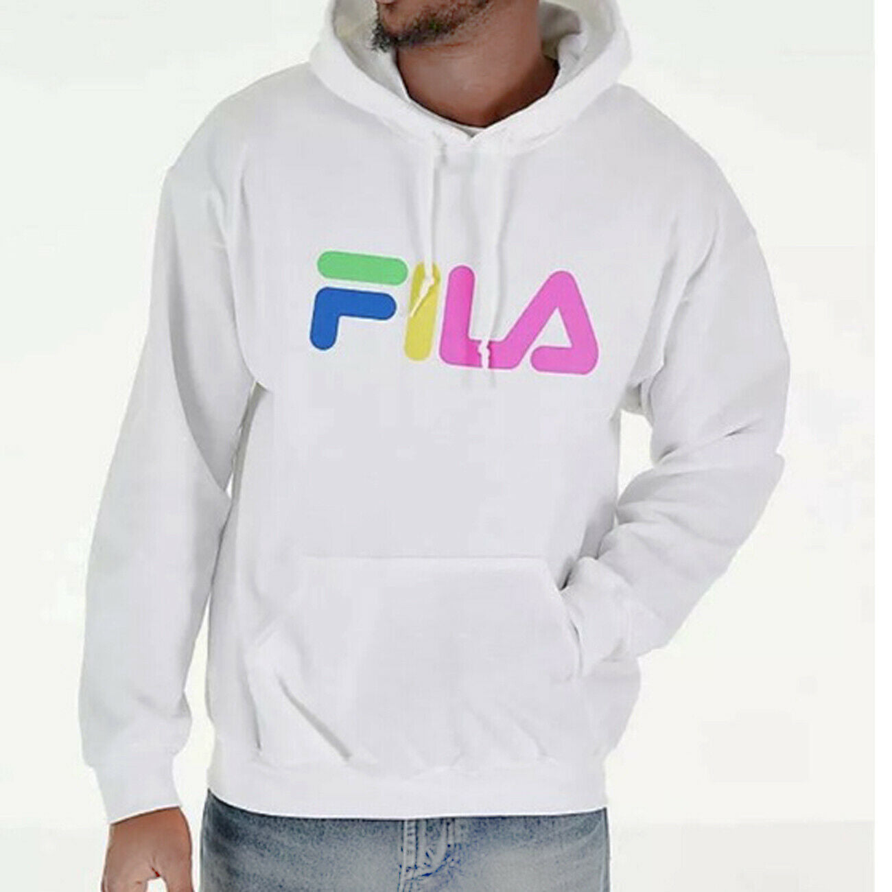 Men's FILA Technicolor Logo Pullover Hoodie in White size LARGE